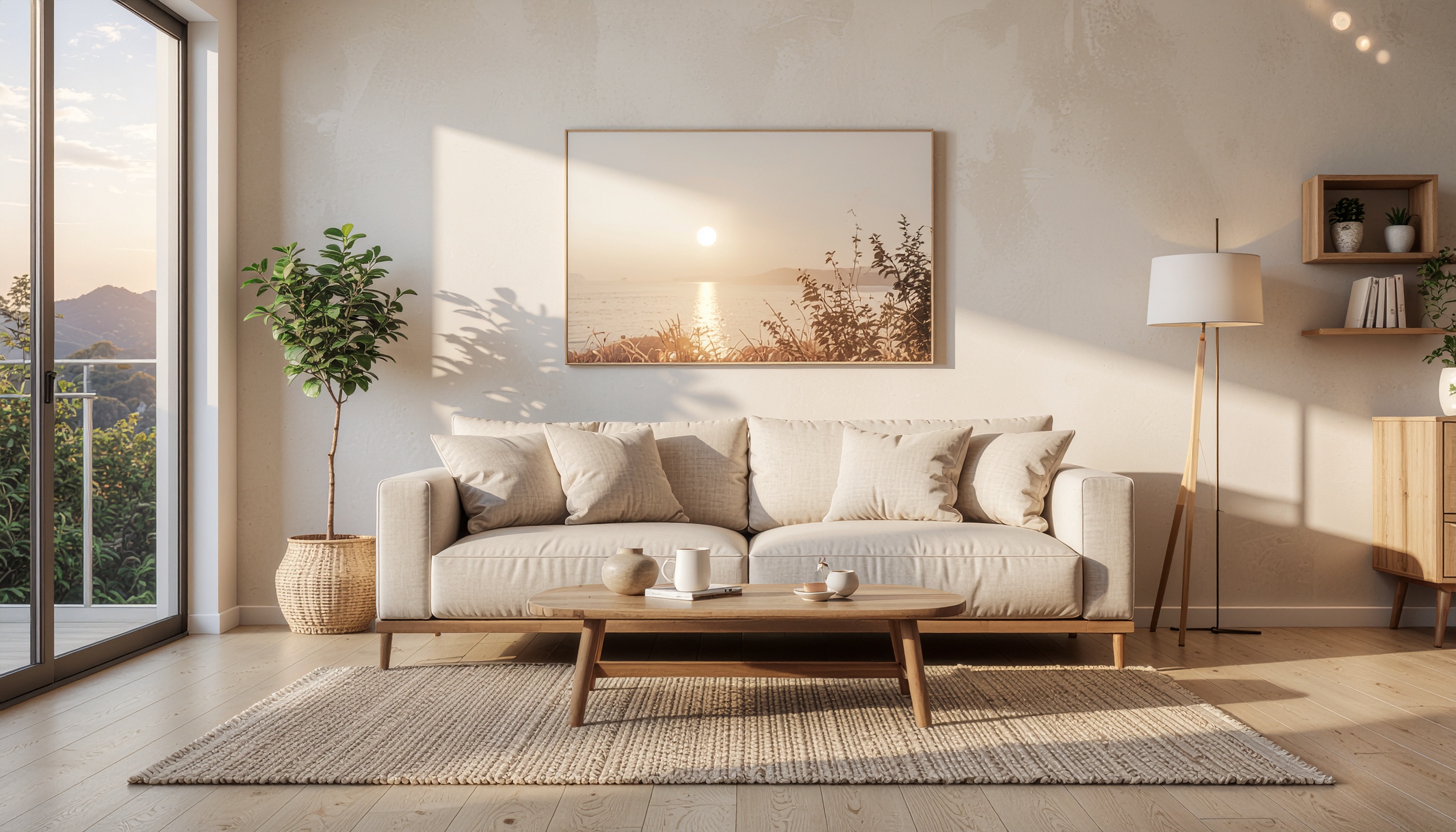 Sala de estar elegante com decoração minimalista, sofá bege confortável, mesa de centro de madeira e arte de paisagem ao pôr do sol, criando um ambiente acolhedor e sereno.